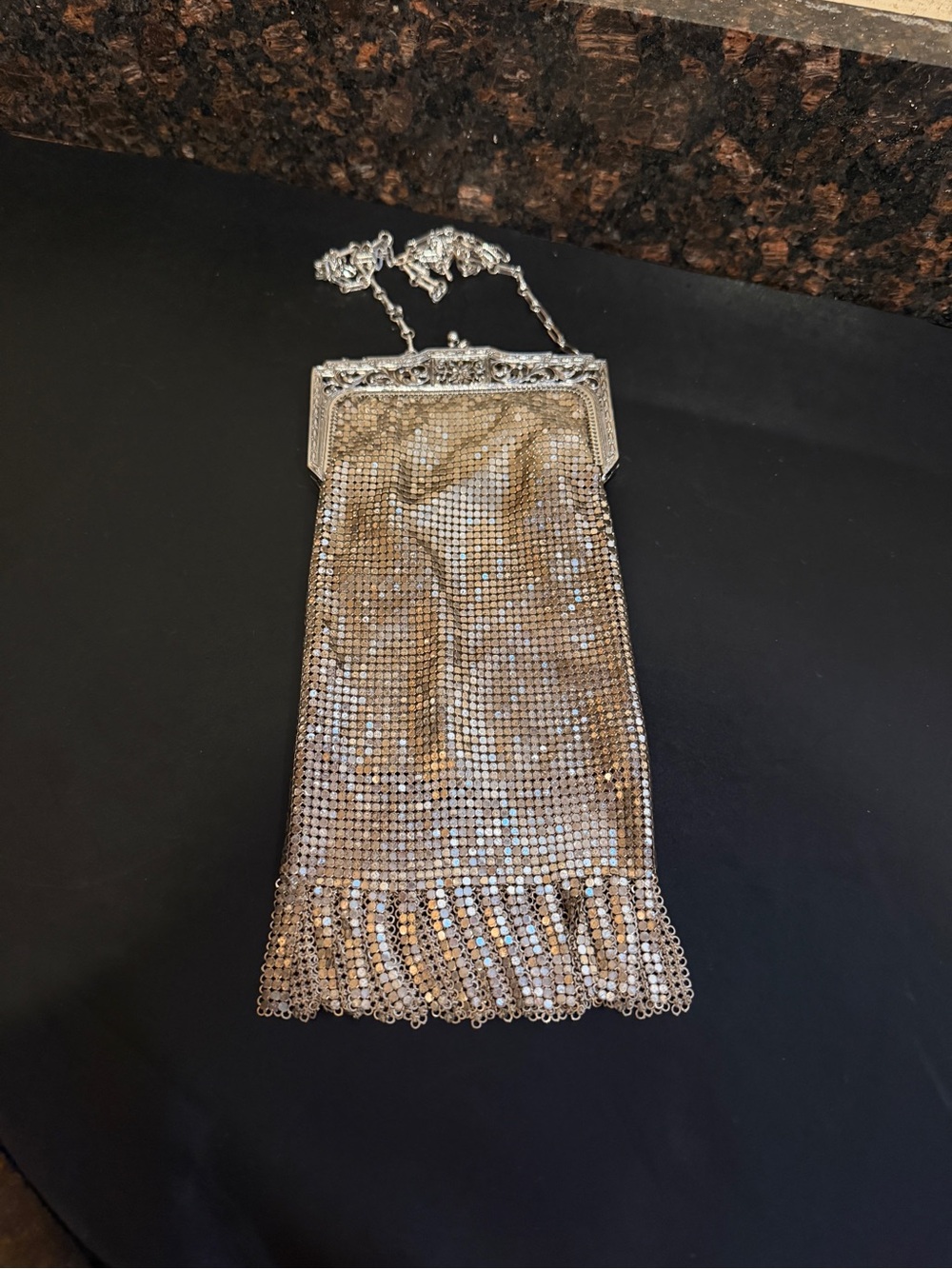 Antique Whiting & Davis Art Deco Silver Mesh Purse Fringe Chain Flapper Evening